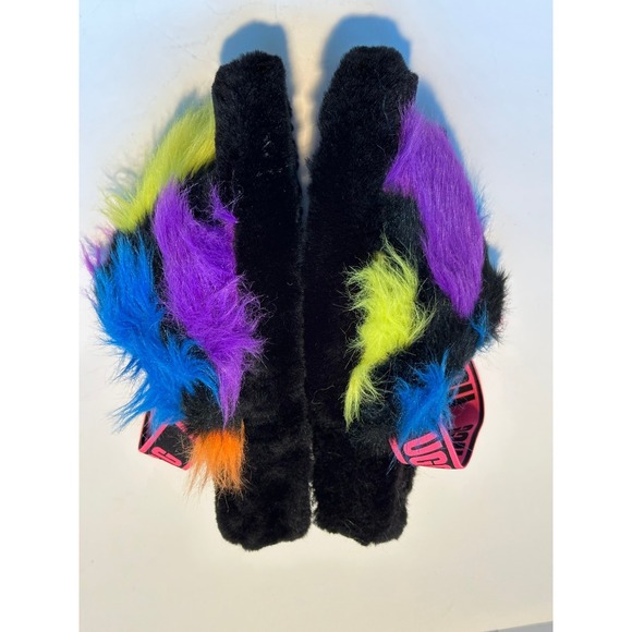 UGG Fluff Yeah Slide Slippers Rainbow Fur Black Pink Logo Womens Size 8 - Picture 7 of 8